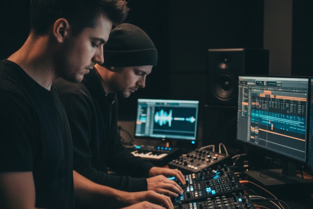 DJs beim Produzieren von neuer Hardstyle Musik im Tonstudio