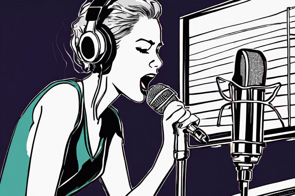a female singer is recording vocals in a music studio