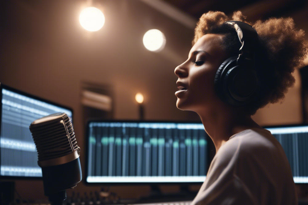 a female singer singing in music studio