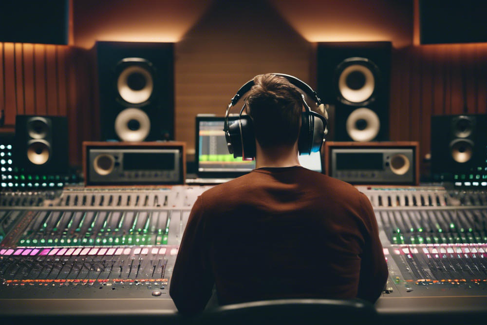 a producer sits at the mixer and masters a music track