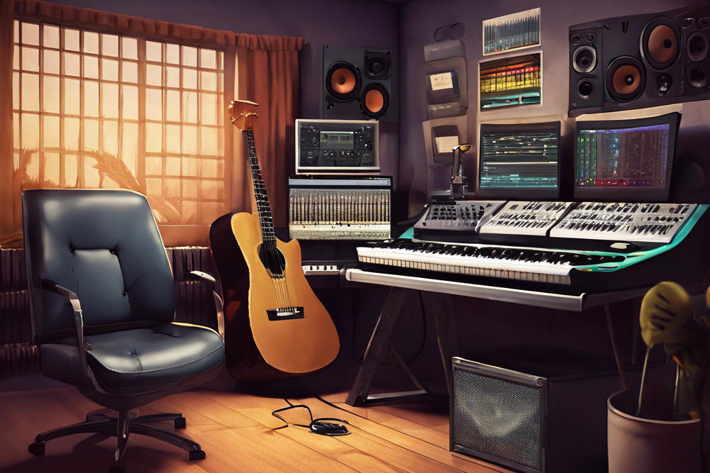 music studio with keyboard and guitar