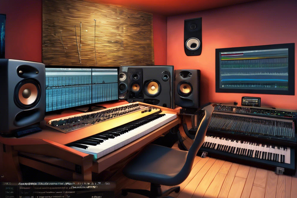 music studio with midikeyboard and monitor boxes